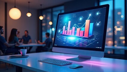 Office setting displays a modern desktop computer showing financial data analytics with vibrant graphs, and bars, alongside a blurred group of colleagues in the background illuminated by soft, warm...