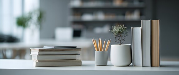 Minimal modern home office desk with pencils and books in bright light, contemporary workspace concept for creativity, productivity, and education design