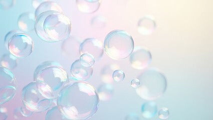 Floating transparent spheres, resembling soap bubbles, are captured in a soft focus, creating a dreamy and delicate scene with a gentle gradient background of pastel colors.