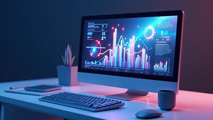 Electronic screen displays detailed financial information and complex graphs on a modern desk setting, a keyboard, a mouse, a small plant, and other office supplies in a contemporary design.