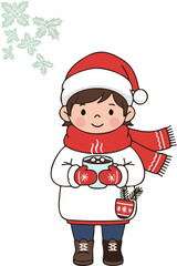 Cute Child in Santa Hat and Scarf Holding Hot Chocolate.