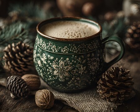 A cozy green mug filled with creamy coffee rests on burlap next to pinecones and walnuts, embodying winter holiday cheer and warmth now.