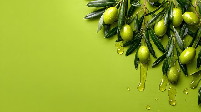 Fresh green olives and dripping olive oil on branch with leaves over green background, natural harvest, healthy Mediterranean food and organic oil concept