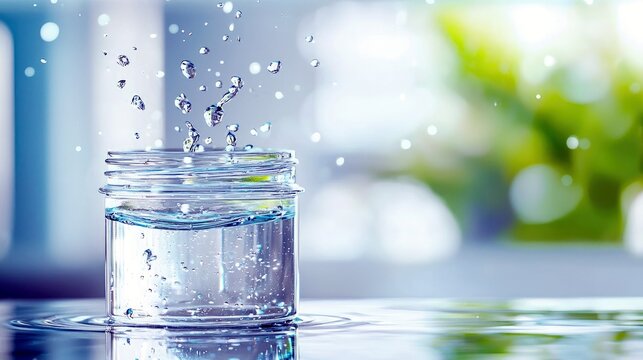 A clear glass jar contains water with droplets splashing upwards, set on a wet surface with a blurred natural background.
