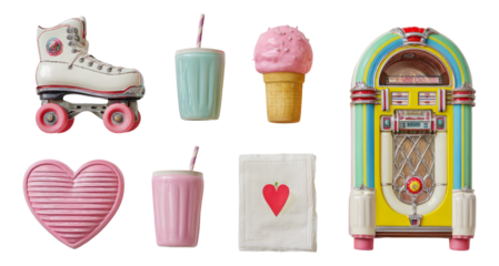 Colorful Retro Objects Including Roller Skate, Jukebox, and Ice Cream Treats