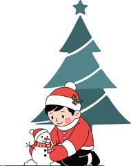 Cute boy in Santa hat and red outfit building a small snowman.