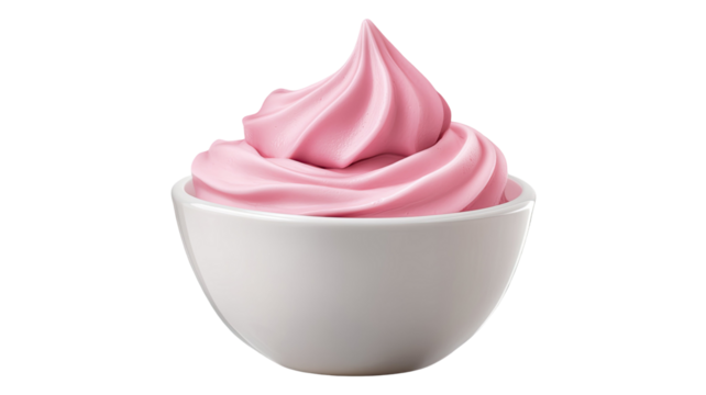 White bowl filled with creamy pink yogurt topped with smooth texture and fresh appearance ideal for healthy snack visuals isolated on white background