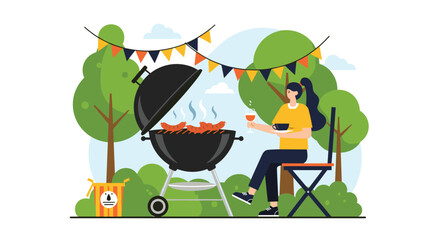 A flat design illustration of a woman relaxing with a glass of wine at a summer barbecue party in a green park.