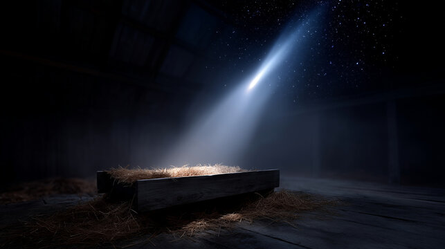 A hyper-detailed cinematic and reverent scene of an empty wooden manger illuminated by a bright comet star streaking across the night sky. The manger is centrally placed in the for