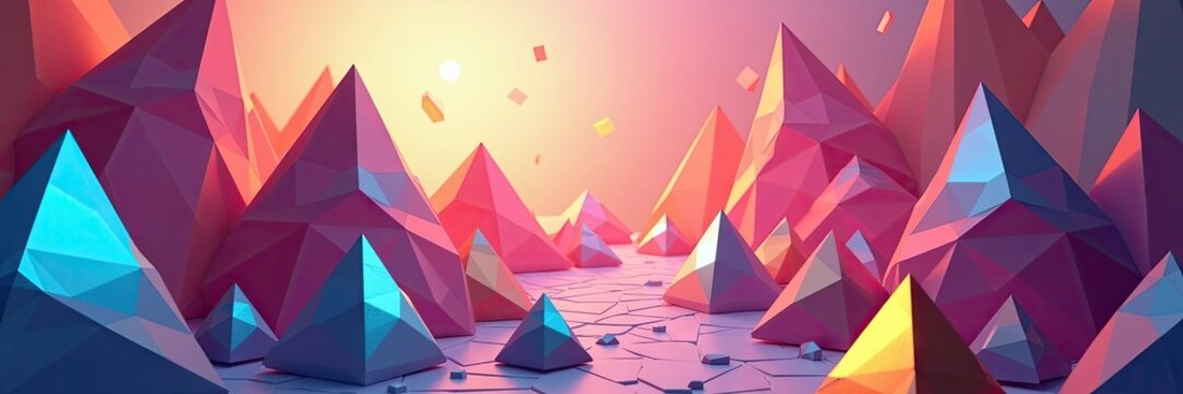 Colorful geometric landscape presents low-poly polygonal mountains and triangular structures across a textured surface, bathed in warm, gradient lighting with subtle light flare effects and scattered.