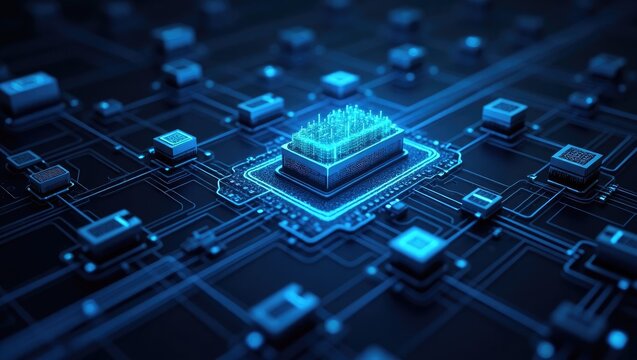 Illustrative digital representation showcasing a central processing unit on a circuit board, highlighted with a vibrant blue glow.