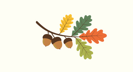 A simple illustration of an oak branch with three acorns and colorful autumn leaves in yellow green and orange shades.