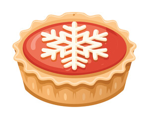 Classic round holiday pie with a golden crust and a smooth red filling, decorated with a white frosting snowflake pattern for Christmas dessert - Vector Illustration