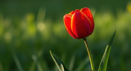 Fototapeta premium Close-up of a vibrant red tulip blooming in a sunlit garden field with green blades.