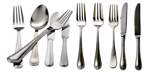 Fototapeta premium Collection of Silver Cutlery Including Forks, Knives, and Spoons, Isolated on Transparent, white background