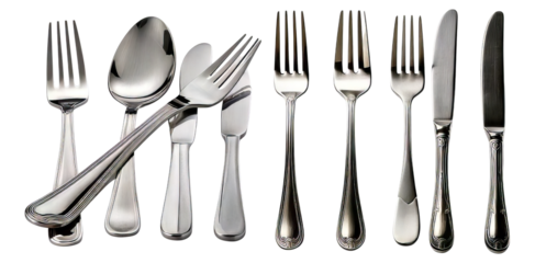 Collection of Silver Cutlery Including Forks, Knives, and Spoons, Isolated on Transparent, white background