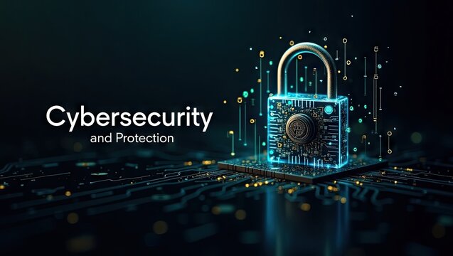 Futuristic visualization showcases a glowing digital padlock, symbolizing data security and protection within a complex circuit board arrangement against a dark teal background.