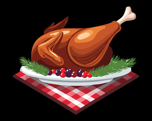 Generous slice of glazed holiday ham, tied with string and garnished with fresh apple slices, rosemary sprigs, and a sprinkle of spices - Vector Illustration