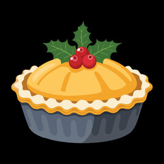 Golden holiday shortcrust pie with a decorative crimped edge and a savory filling, topped with a single golden berry and fresh holly sprigs - Vector Illustration