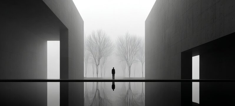Minimalist Grand Palace with Vast Negative Space, Tiny Human Figure, Silhouette Trees, and Ethereal Macro-Scale Architectural Depth