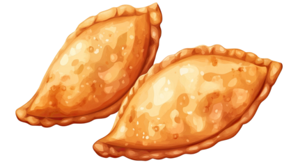 Two crispy fried empanadas with golden crust and savory filling showing delicious texture ideal for Latin cuisine visuals isolated on white background