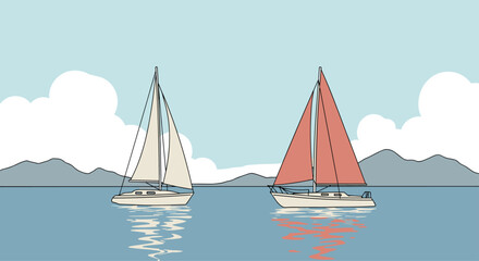 Naklejka premium An illustration of two sailboats with white and red sails floating on calm water with mountains in the background.