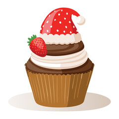 Delicious chocolate cupcake with pink frosting, topped with a strawberry wearing a red and white Santa hat, a fun and festive dessert - Vector Illustration