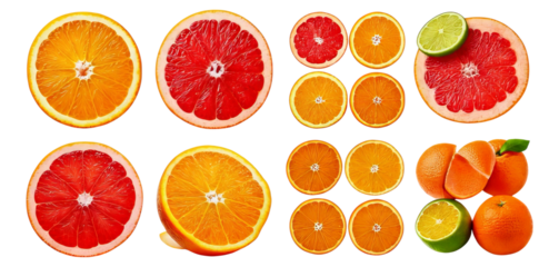 Fresh Citrus Fruits Arrangement with Colorful Cross Sections, Isolated on Transparent, white background