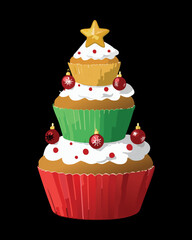 Whimsical cupcake tower shaped like a Christmas tree, decorated with green frosting, red berries, and topped with a bright yellow star - Vector Illustration