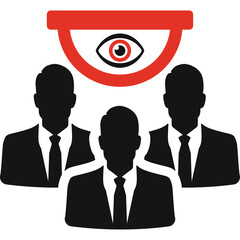 Surveillance Icon With Three Businessmen Silhouettes And Red Surveillance Camera Eye Graphic In Center With Transparent Background Vector Art