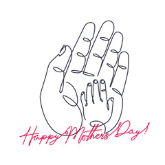 mother and child holding hands one line drawing. Happy Mothers Day! single line illustration. Mother and baby minimalist line art