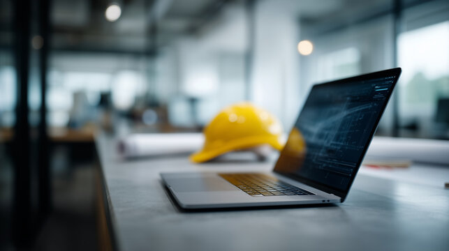 A hyper-detailed cinematic scene of a modern architectural engineering workspace featuring a sleek laptop on a minimalist desk, its screen displaying high-resolution digital buildi