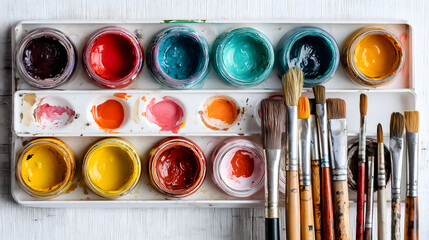 Vibrant paint pots and assorted brushes arranged on a white art palette, creative tools