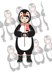 Charming young person in a full body penguin outfit with a winter scarf.