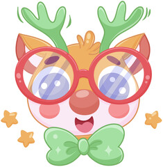 Cute reindeer face with glasses and green antlers cartoon illustration