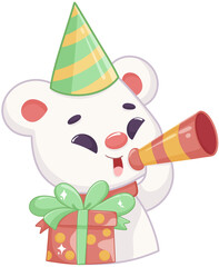 Cute Party Polar Bear with Gift and Horn