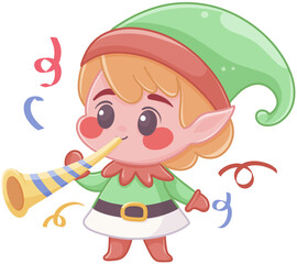 Cute Christmas elf blowing party horn with confetti