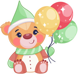 Cute holiday bear with balloons and elf hat