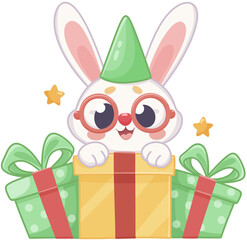 Cute Bunny with Presents in Festive Cartoon Style