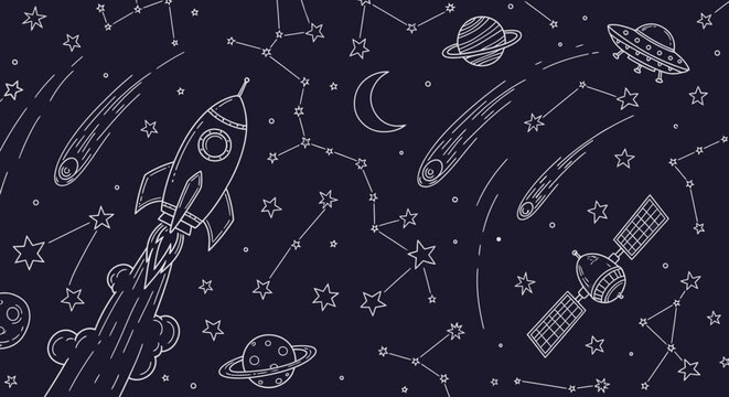 Space themed background with rocket planets stars constellations and ufo vector illustration design