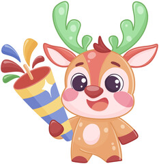 Cute cartoon reindeer with party popper celebration