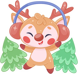 Cute cartoon reindeer with earmuffs celebrating winter