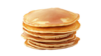 Stack of fluffy pancakes with syrup drizzle and butter topping showing delicious breakfast detail isolated on white background
