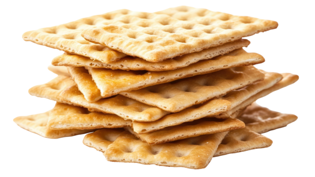 Stacked crispy saltine crackers with detailed crisp texture arranged in neat layers showing savory snack appeal isolated on white background