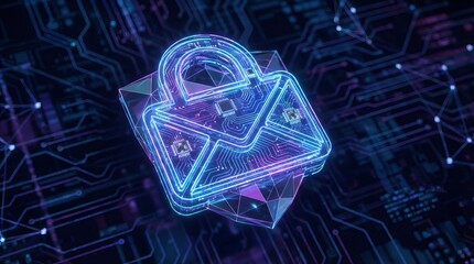 Futuristic secure email icon with circuitry patterns, digital shield elements, representing advanced encrypted communication system