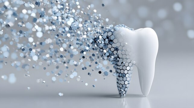 3D digital tooth model covered in blue molecular network mesh, futuristic dental technology concept representing oral health protection and innovation