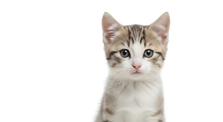 Obraz premium Adorable kitten portrait with soft lighting on a light background, detailed fur, bright eyes, high-quality cute pet photography