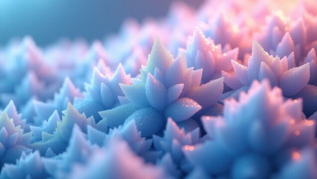 Detailed macro photograph presents a field of abstract, crystalline forms. The soft light highlights the textures and sharp points of these unique, icy structures.