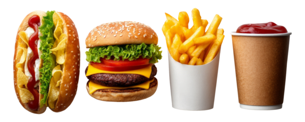Delicious Fast Food Items Including Burger, Hot Dog, Fries, and Drink on Transparent Background