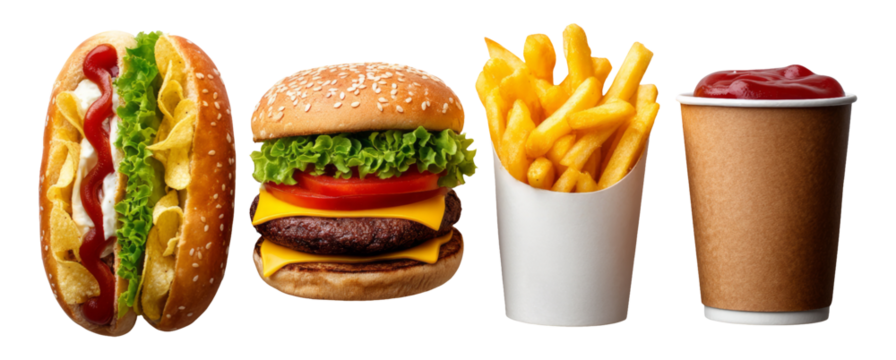 Delicious Fast Food Items Including Burger, Hot Dog, Fries, and Drink on Transparent Background